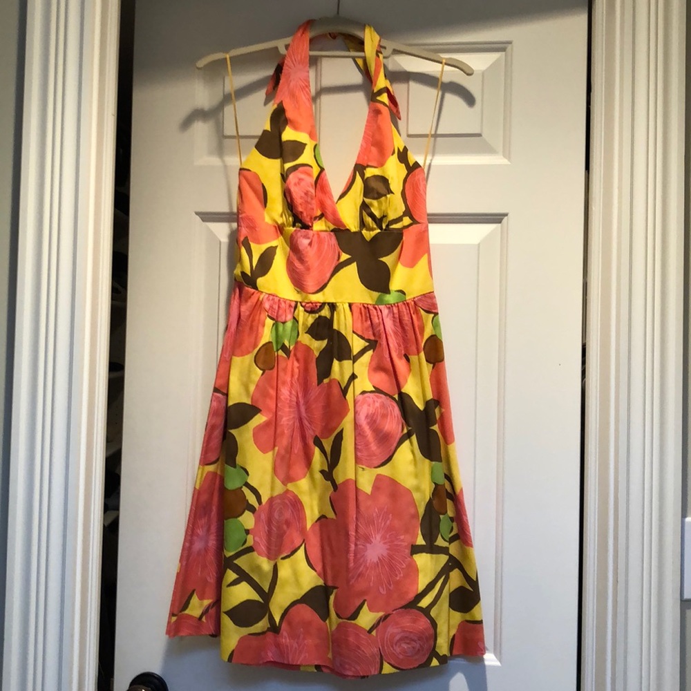 Trina Turk Yellow Pink Floral Backless Halter Dress